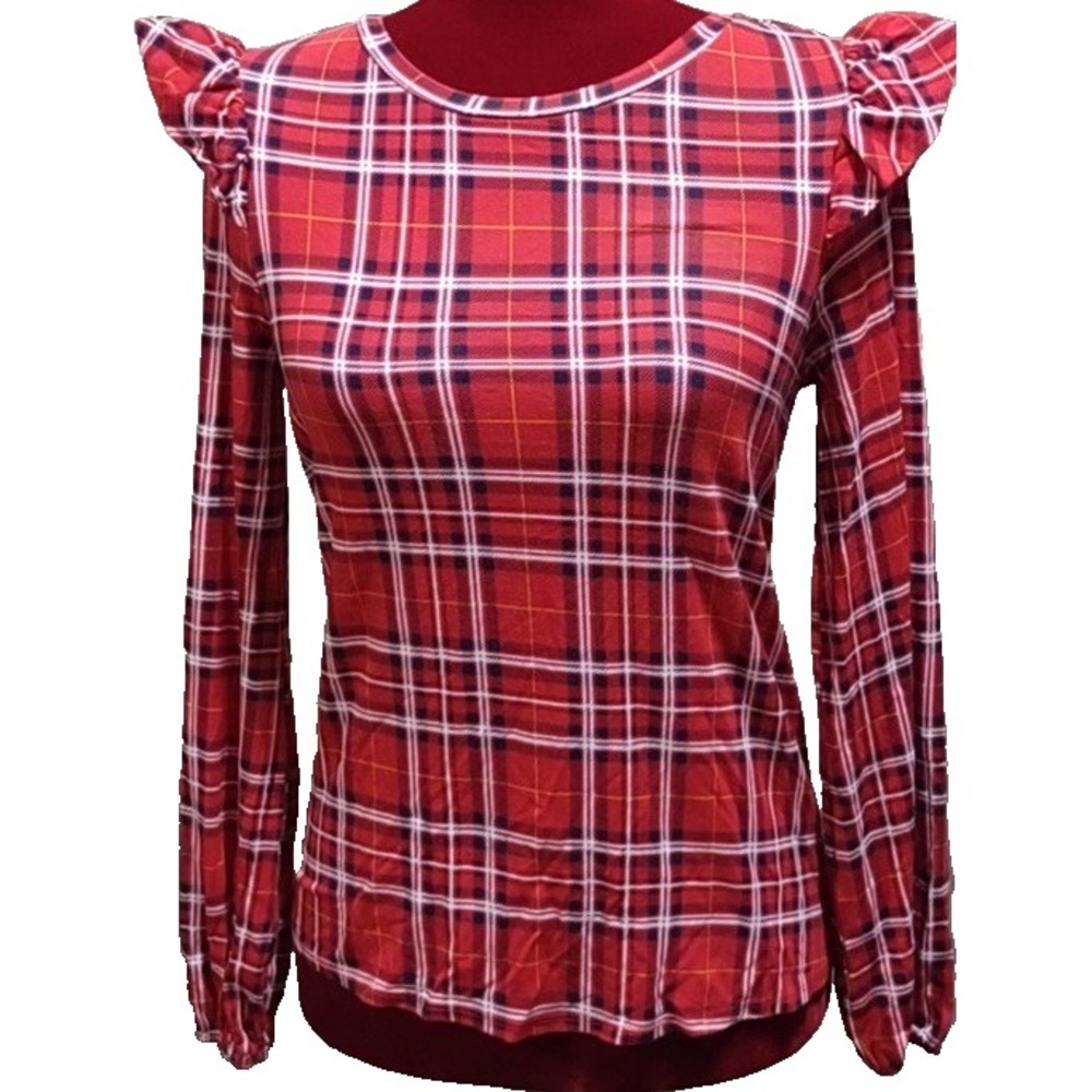 Crown & Ivy Shirt Small Plaid Tartan Festive Ruffle Holiday Winter Classic‎ Red